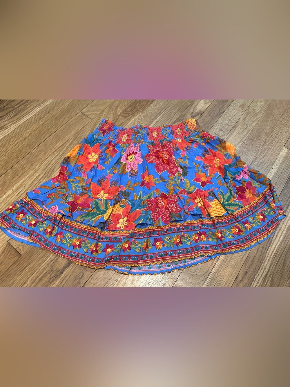 Vibrant Blue Floral Smocked Waist Skirt